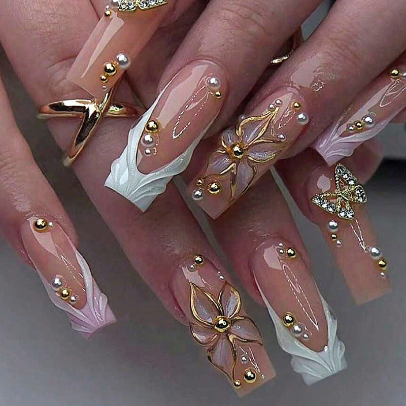 Decorative Press-On Nail Set with Floral Designs Bowlift