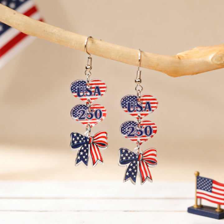 Women's nan patriotic bow dangle acrylic earrings with gold plated hooks and lightweight charm Bowlift