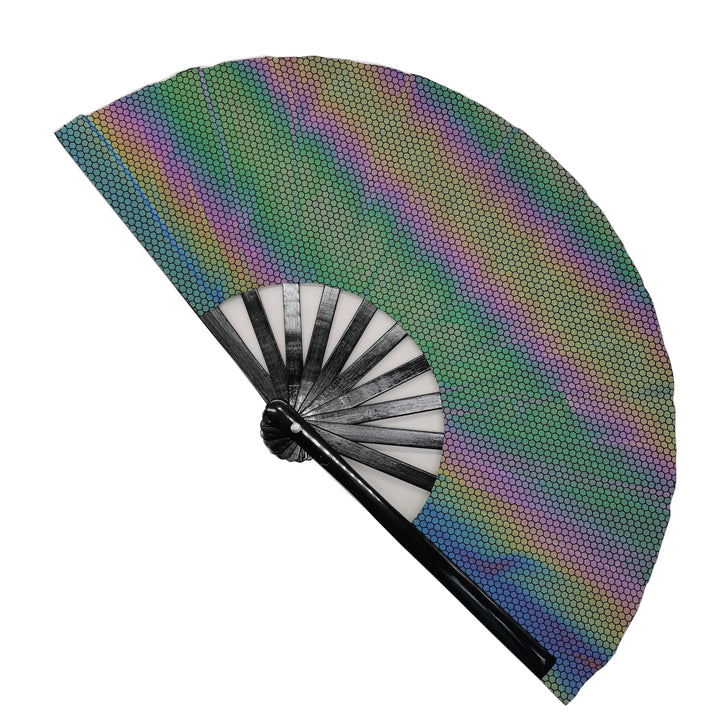Ladies fan made of lightweight fabric with colorful geometric design Bowlift