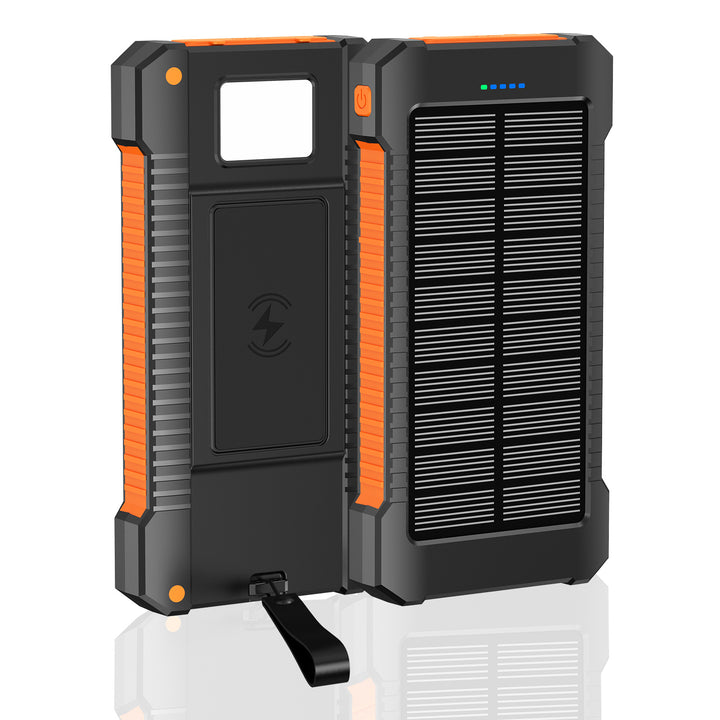 Solar power bank with multifunctional ports and LED light Bowlift