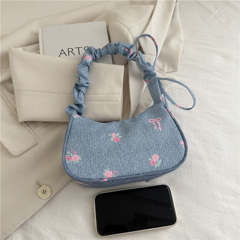 Embroidered Denim Shoulder Bag Bowlift