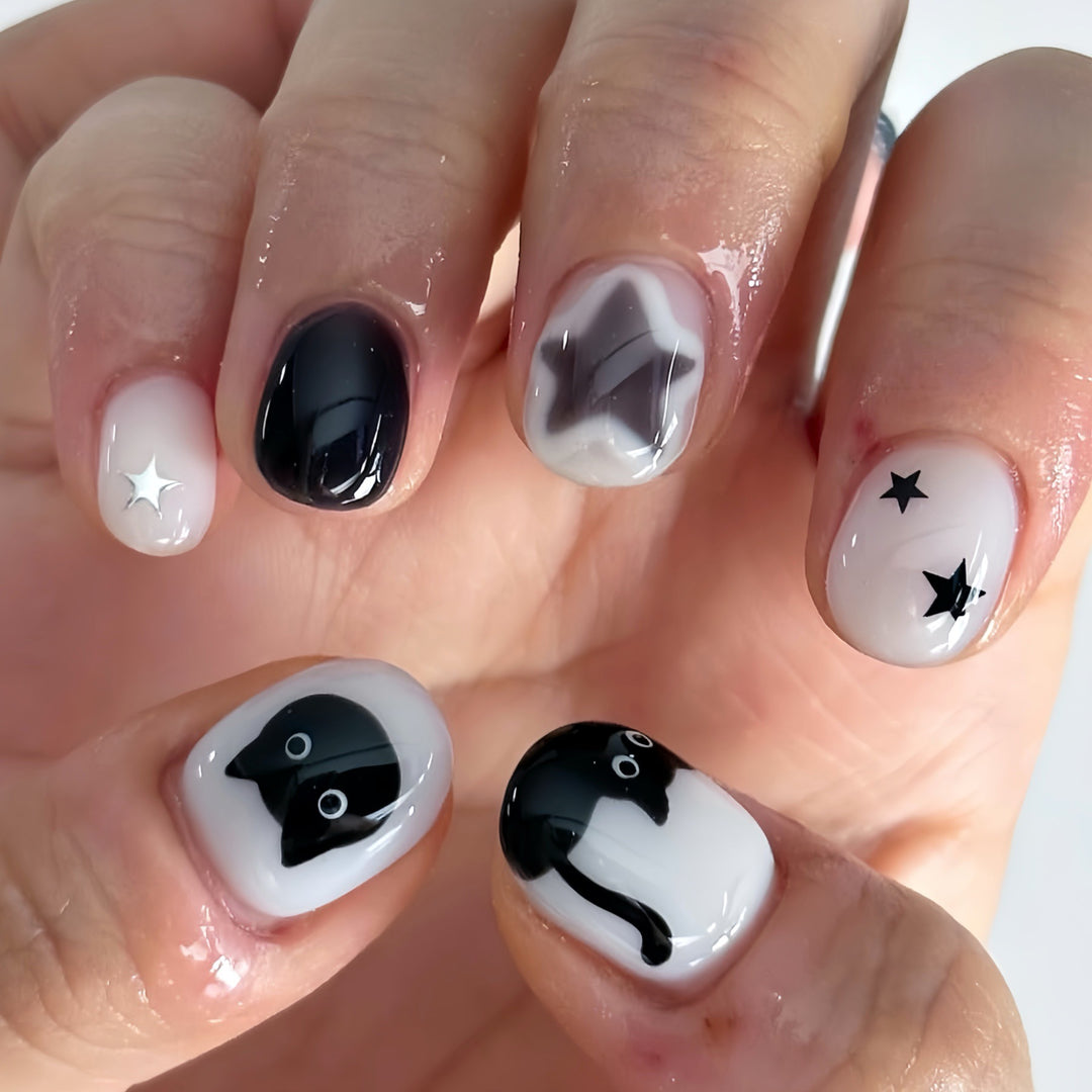 Playful Cat and Star-Themed Press-On Nail Art Extensions Bowlift