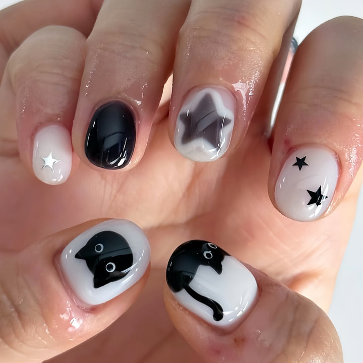 Playful Cat and Star-Themed Press-On Nail Art Extensions Bowlift