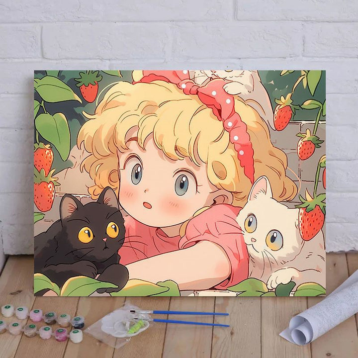 Cartoon Cat and Girl Themed Canvas Paint by Numbers Art Kit Bowlift