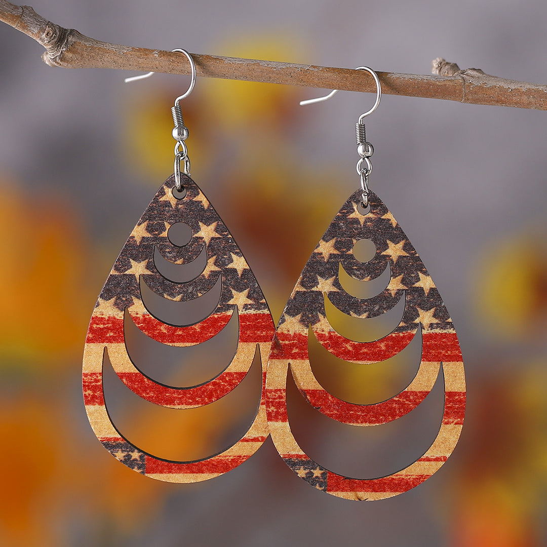 Ladies' nan teardrop-shaped wooden earrings with multi-layer star and stripe appliqué and nickel-free ear hooks Bowlift
