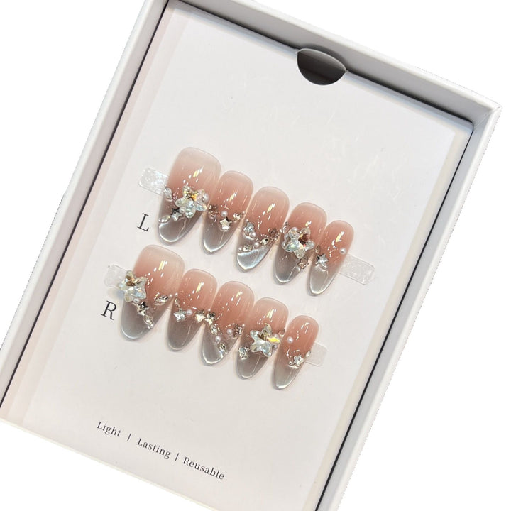 Elegant Press-On Almond Nails with Floral Accents Bowlift