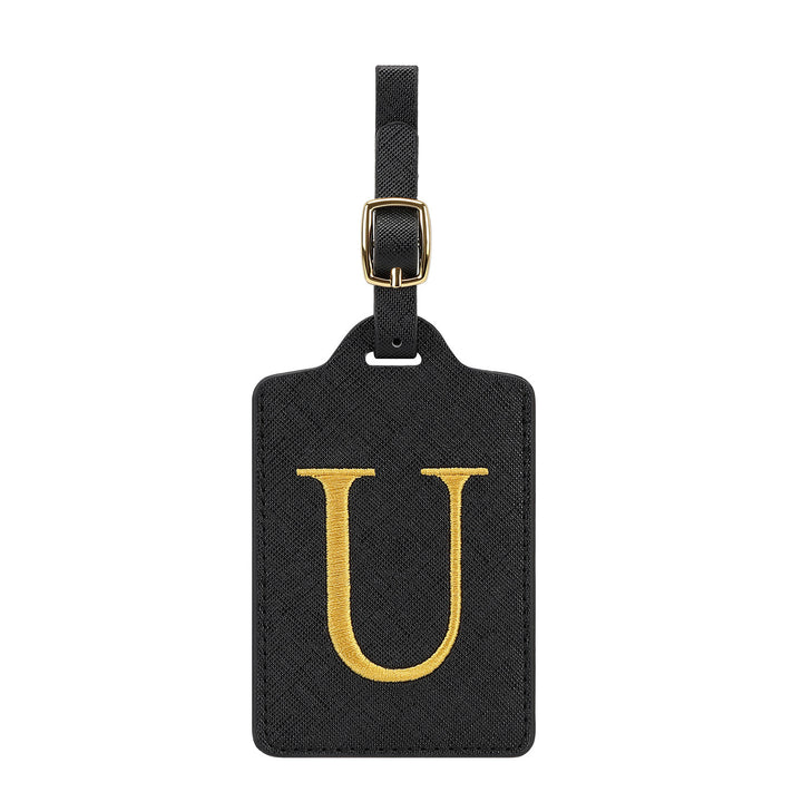 embroidered initial monogram leather luggage tag with adjustable buckle strap Bowlift
