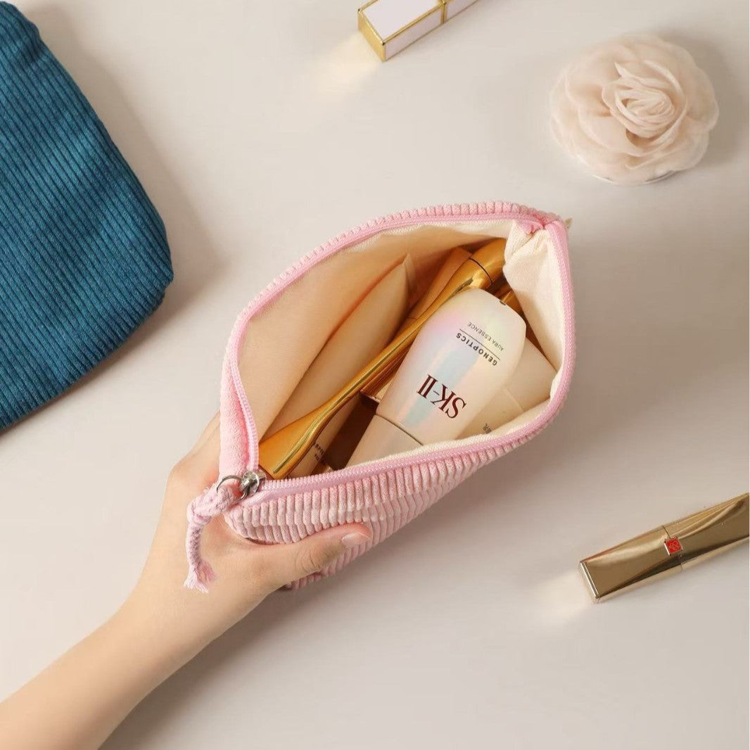 Corduroy Zip Cosmetic Pouch with Tassel Pull Bowlift