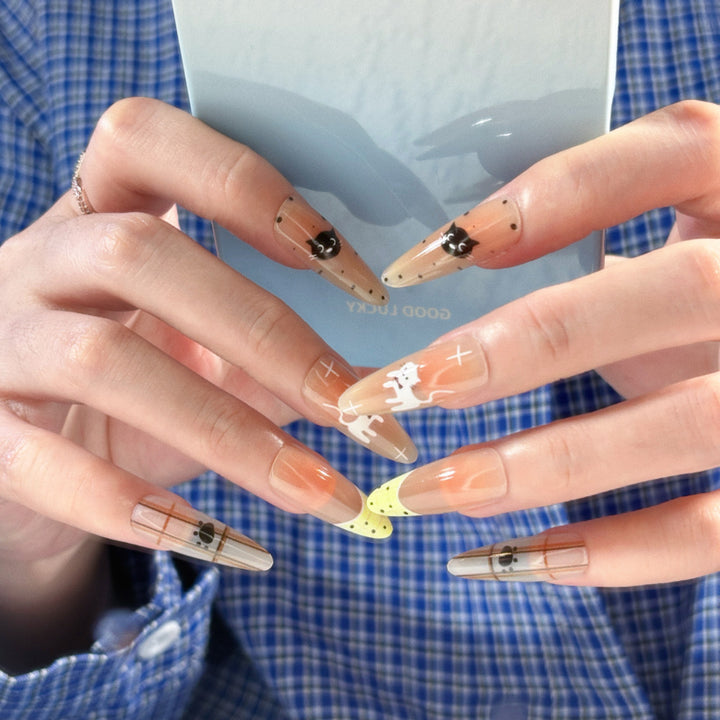 Artistic Cat-Themed Press-On Nails Bowlift