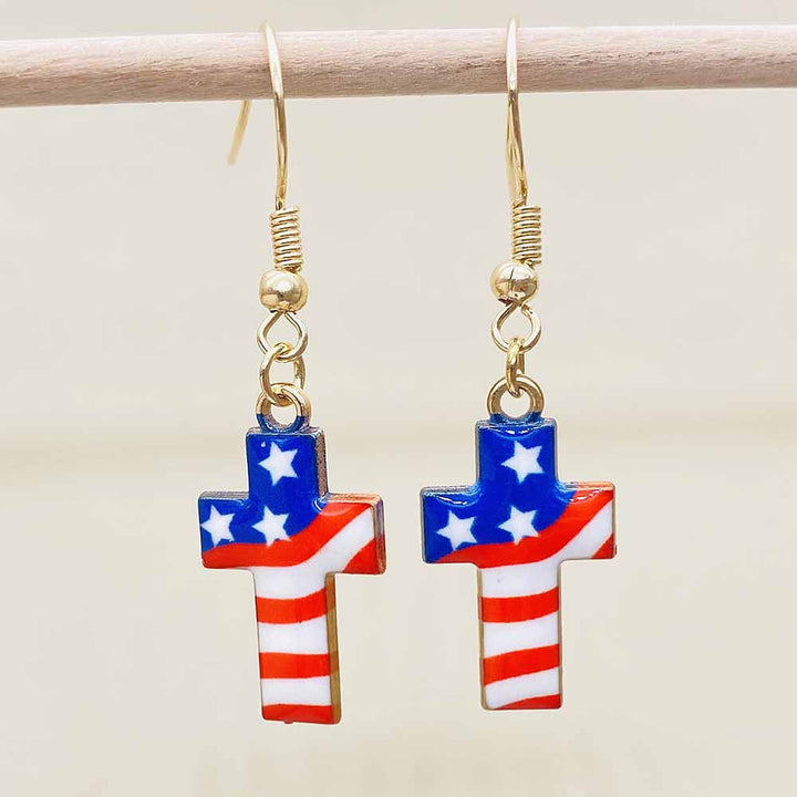 Women's Independence Day patriotic enamel flag dangle earrings with hypoallergenic fishhook wires Bowlift