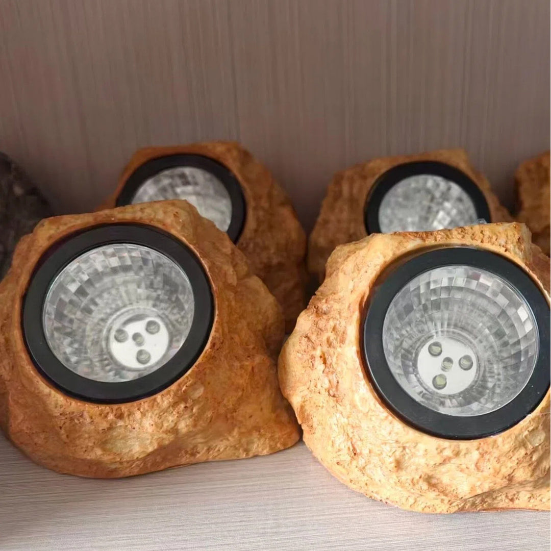 Solar-Powered LED Faux-Rock Garden Spotlight With Integrated Solar Panel And Weatherproof Textured Resin Housing Bowlift