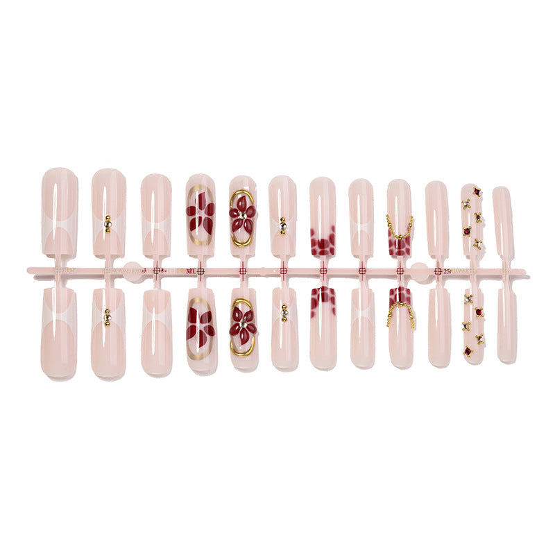 Premium Floral Design Press-On Nail Set with Decorative Elements Bowlift
