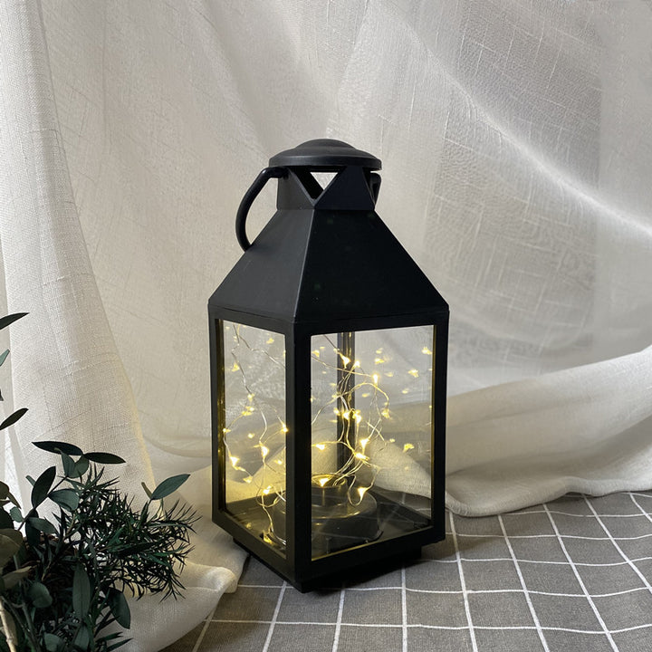 Decorative Metal and Glass Lantern with Warm LED Fairy String Lights Bowlift