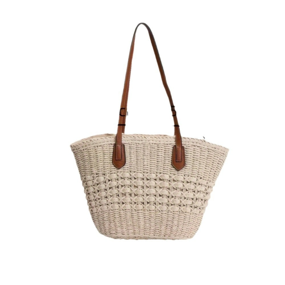 Handbag with Woven Design and Leather Handles Bowlift