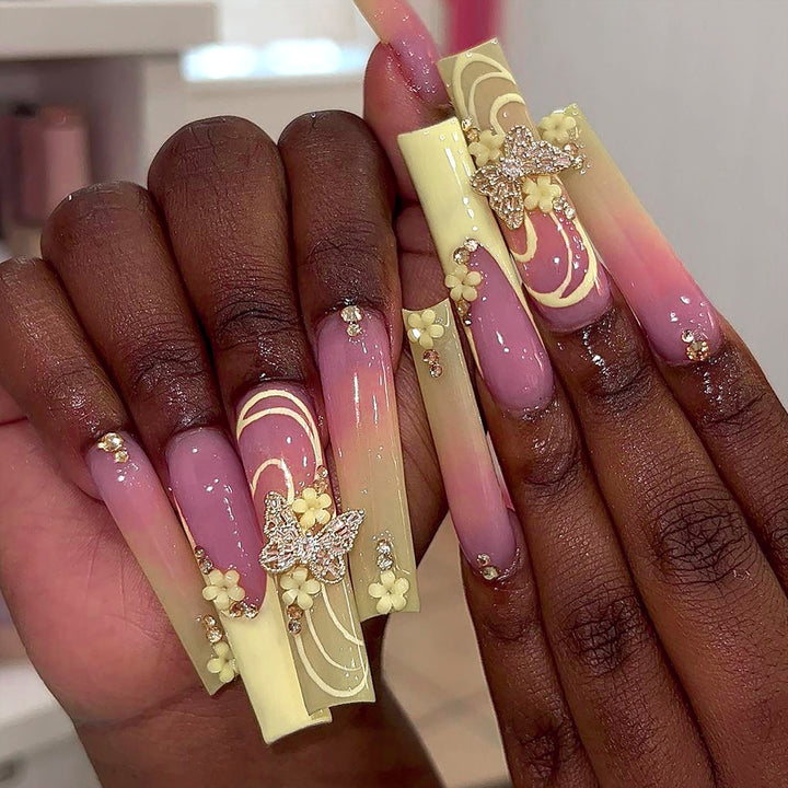 Artful Nail Art with Flower and Butterfly Accents Bowlift