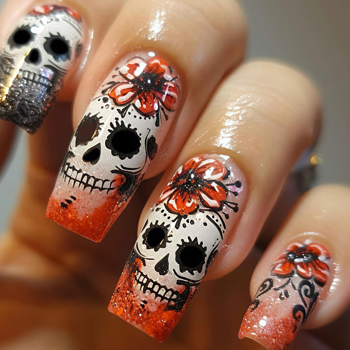 Artistic Skull and Flower Themed Nail Art Bowlift