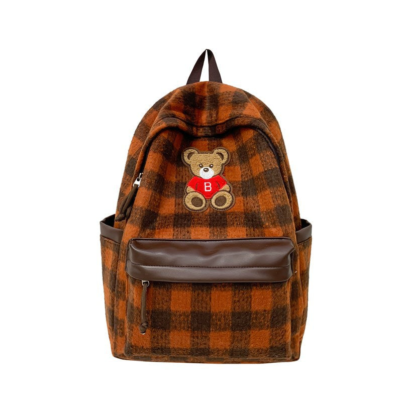 Teddy Bear Appliqué Checked Backpack