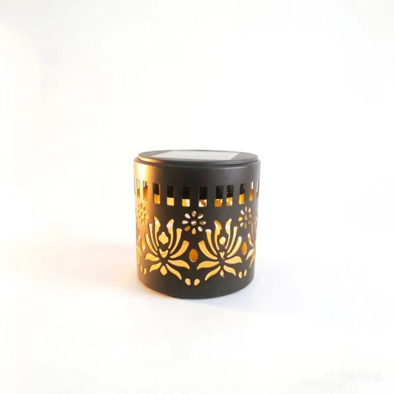 Decorative Solar-Powered Metal Lantern With Geometric Cutout And Warm LED Candle Effect Bowlift