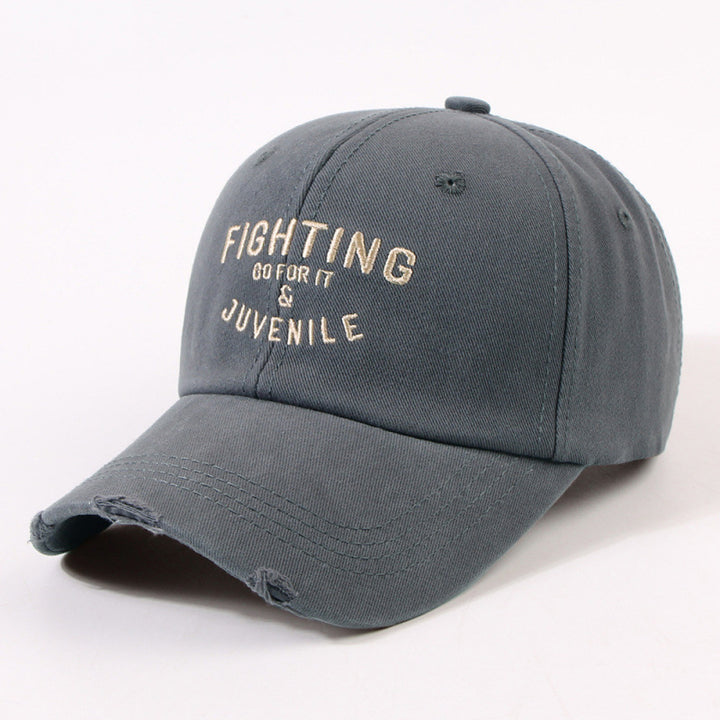 Women's Distressed Cotton Cap with Motivational Embroidery Bowlift