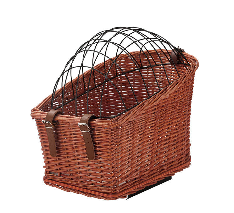 front-mount wicker bicycle pet carrier basket with foldable metal safety dome and adjustable leather buckle straps Bowlift