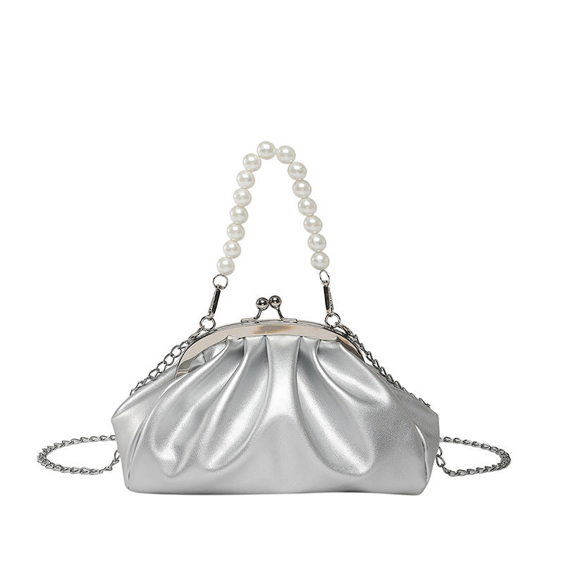 Elegant Clutch Handbag with Pearl Chain Bowlift