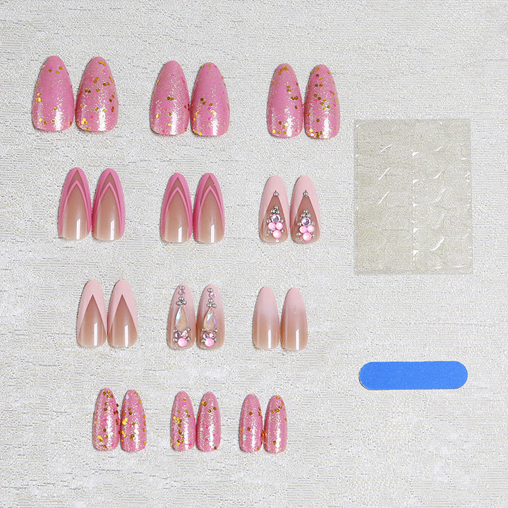 Artificial nail set with glamorous glitter and romantic flower decorations Bowlift
