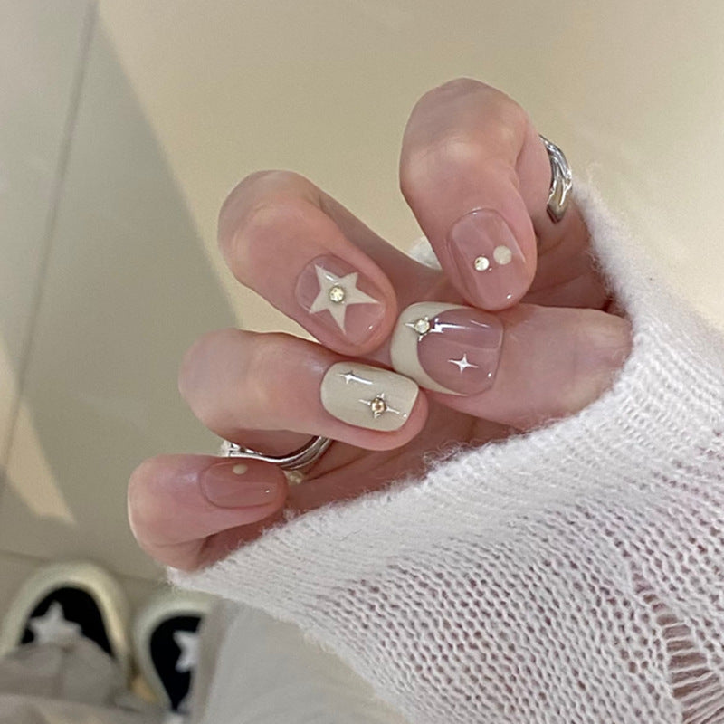 Artistic Press-On Nail Set with Unique Star and Gemstone Designs Bowlift