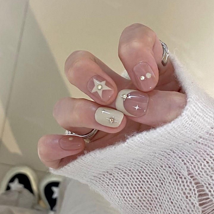 Artistic Press-On Nail Set with Unique Star and Gemstone Designs Bowlift