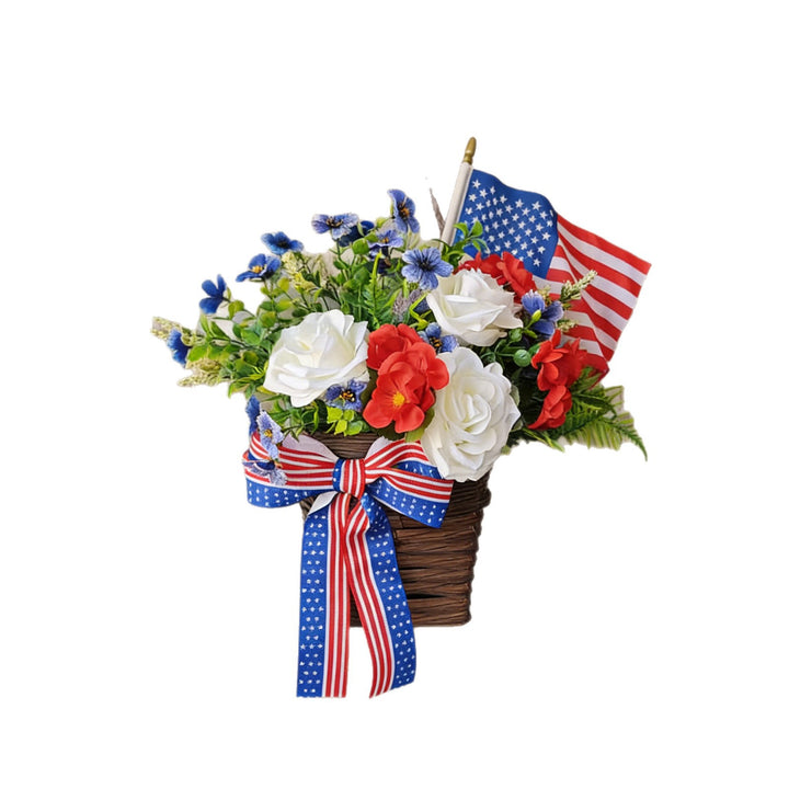 Unisex nan American patriotic door hanging floral basket with ribbon accents Bowlift