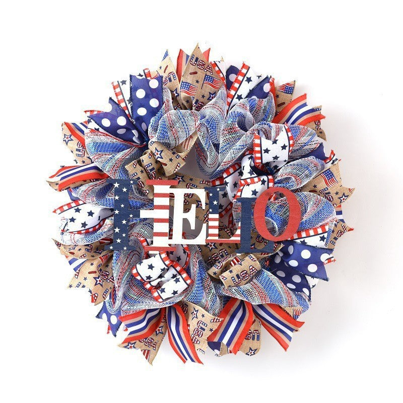 Unisex decorative country house door wreath with overlapping wooden stars and multiple ribbon bows Bowlift