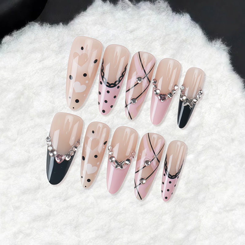 Artistic Press-On Nail Set with Elegant Patterns and Gems Bowlift