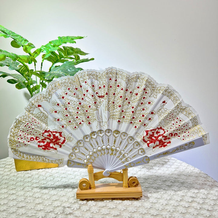 Women Folding Hand Fan with Elegant Embroidery Bowlift