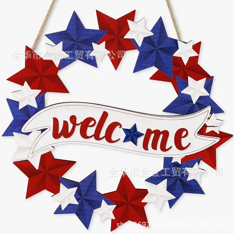 Independence Day rustic round wooden patriotic cross wall plaque with floral accents and God Bless America banner Bowlift