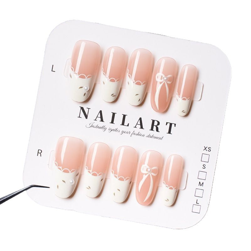 Press-On Nail Art Set with Elegant Bow and French Tip Design Bowlift
