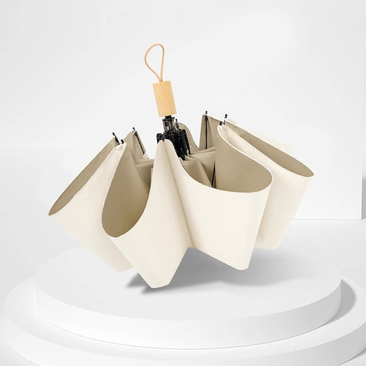 Women's Foldable Sunshade with UV Protection and Elegant Wooden Handle Bowlift