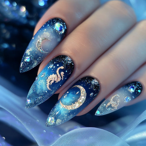 Elegant and creative stiletto artificial nails with glittering star design Bowlift