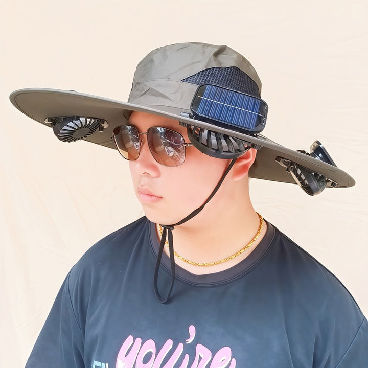 Wide-brimmed sun hat with detachable swivel solar fans and adjustable chin strap Bowlift