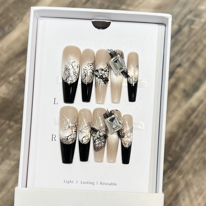 Artistic Press-On Nail Set with Unique Lace and Gemstone Accents Bowlift