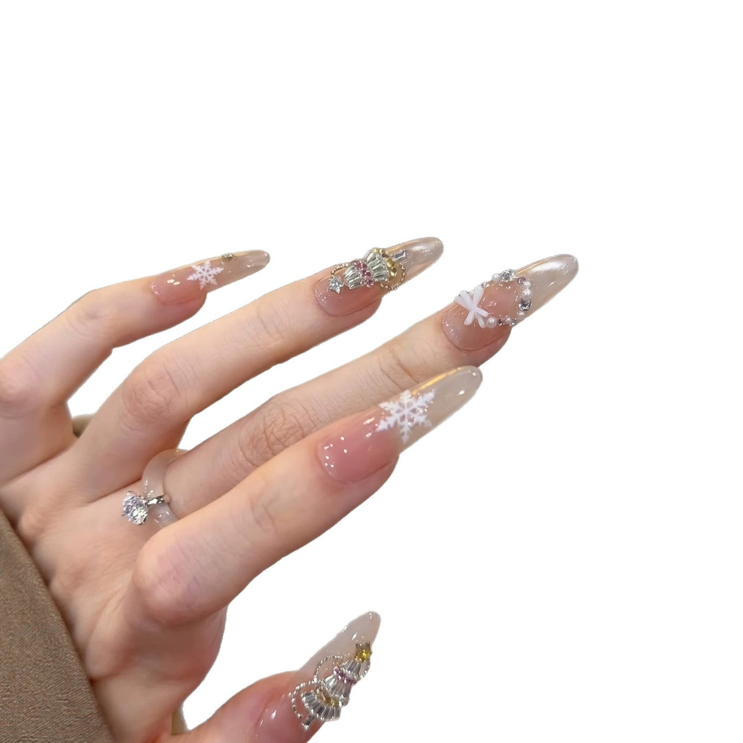 Decorative Stiletto Press-On Nail Art Set with Snowflake and Gemstone Accents Bowlift