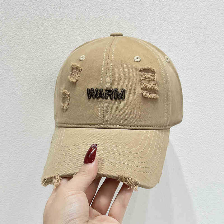 Women's Distressed Cotton Cap with Embroidered Message Bowlift