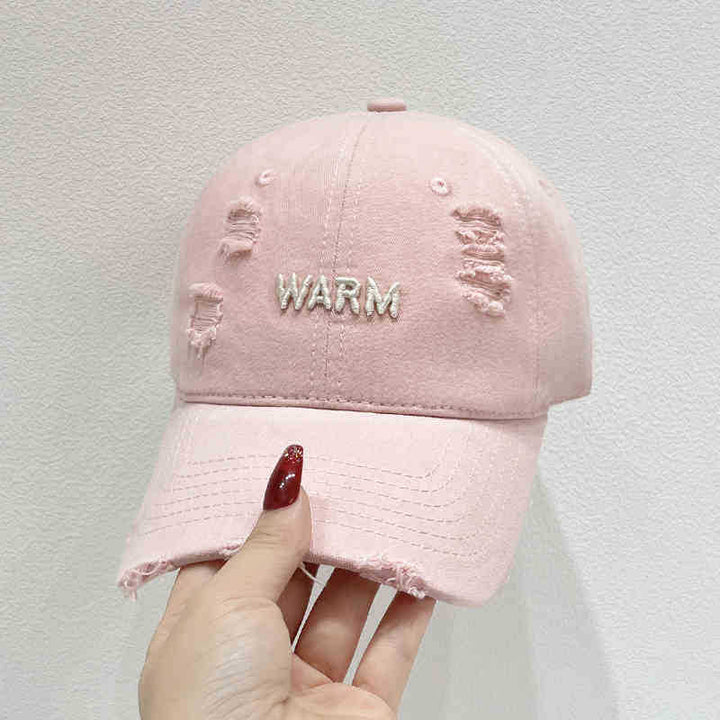 Women's Distressed Cotton Cap with Embroidered Message Bowlift