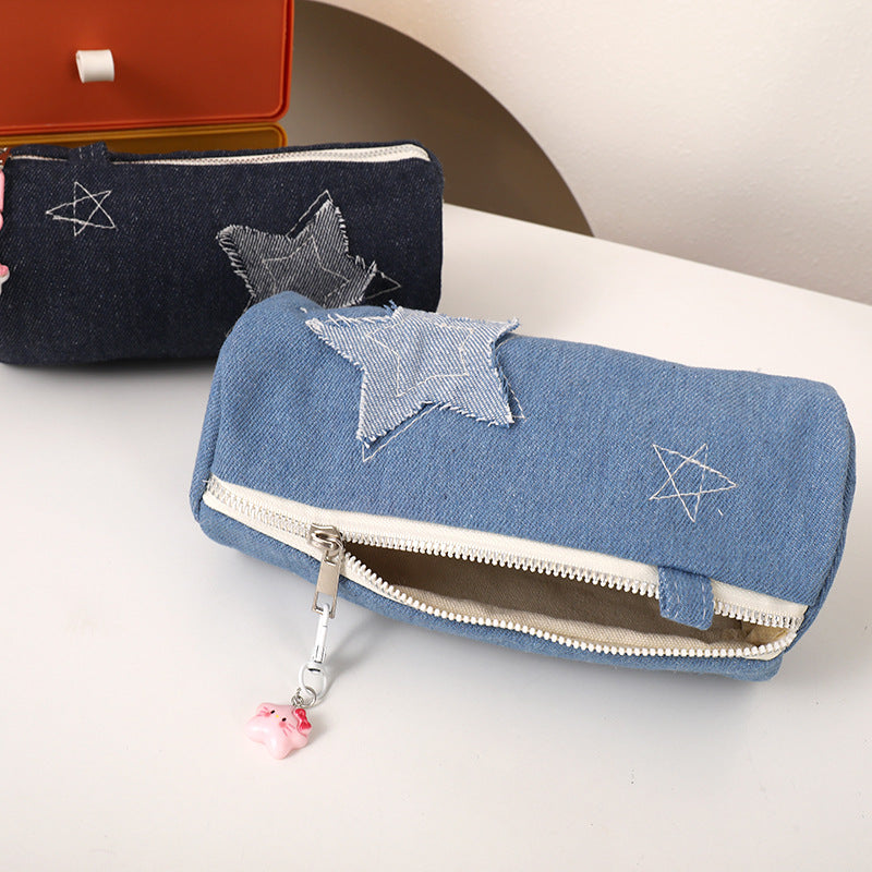Denim Star-Appliqué Cylinder Pencil Case Makeup Pouch Bowlift