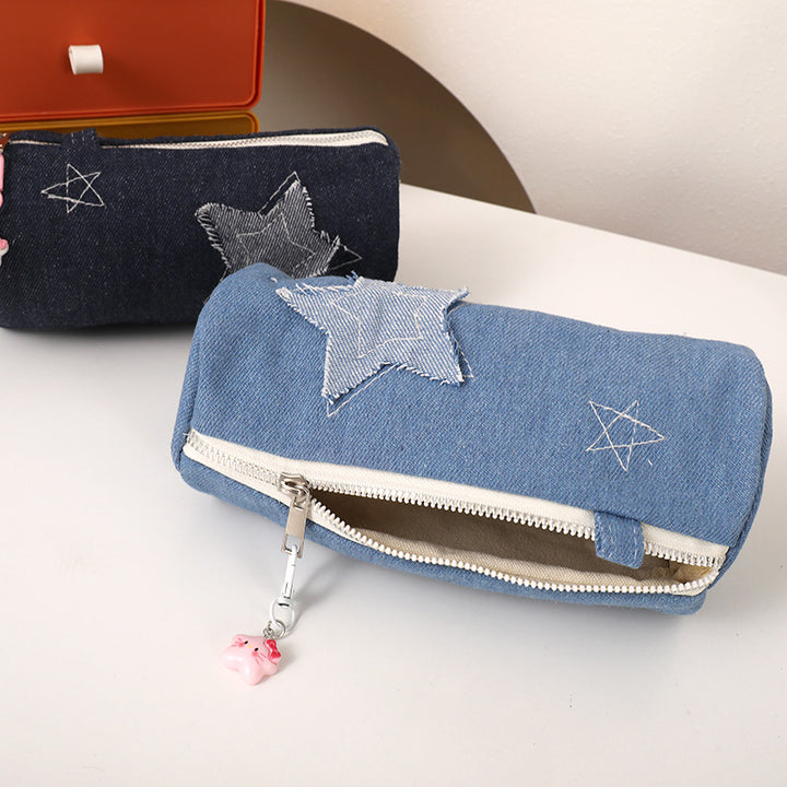 Denim Star-Appliqué Cylinder Pencil Case Makeup Pouch Bowlift