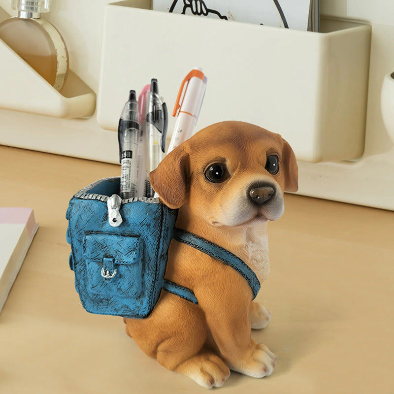 Decorative resin puppy pen holder with backpack desk organizer Bowlift