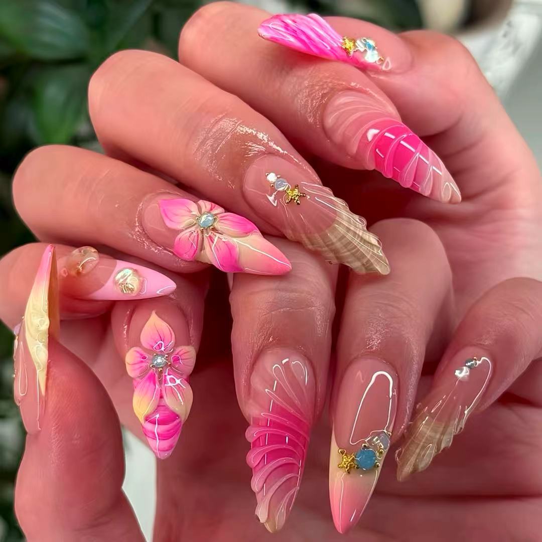3D Floral Accented Press-On Nail Art Bowlift
