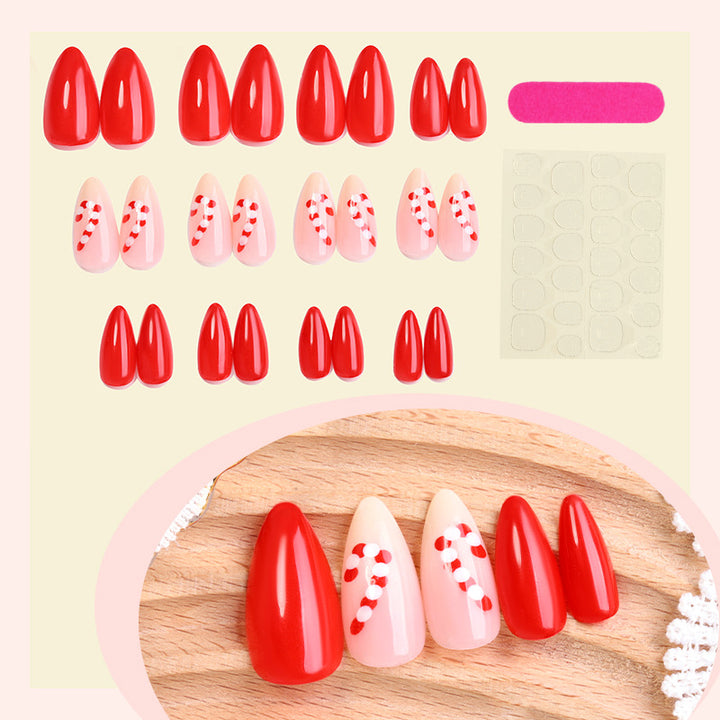 Seasonal Press-On Nail Art Set with Candy Cane and Glossy Finish Bowlift