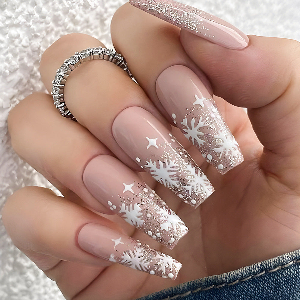 Festive Glitter Snowflake False Nails Bowlift