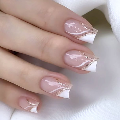 Elegant French Tip Press-On Nails with Glitter Accents Bowlift