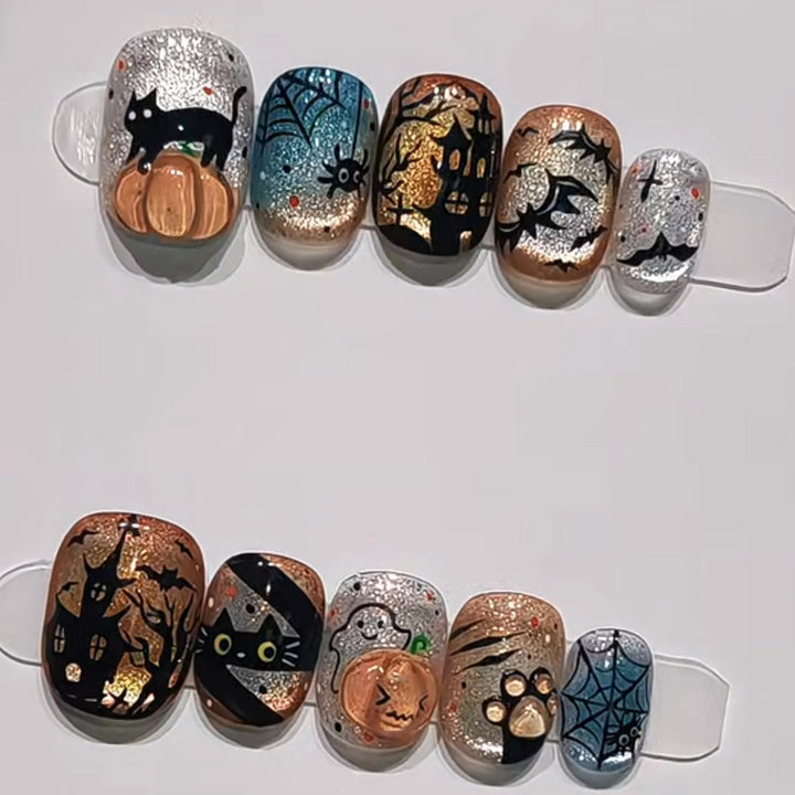 Themed Press-On Nail Set Featuring Halloween Motifs Bowlift
