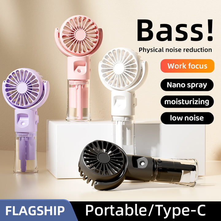Cooling handheld misting fan with quiet brushless motor and detachable transparent water reservoir Bowlift
